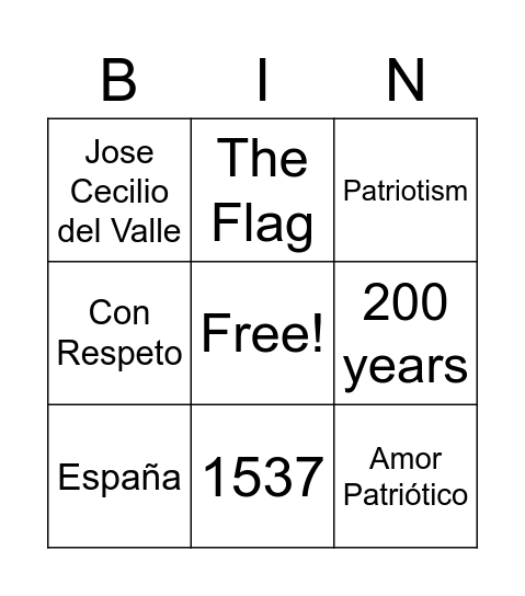 Patriotism Bingo Card