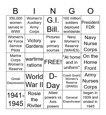 American Women in WWII Bingo Card