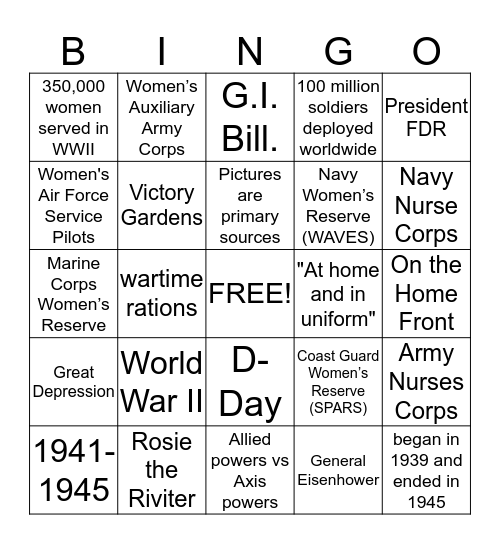 American Women in WWII Bingo Card