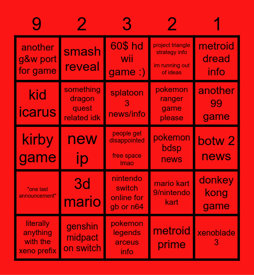 nintendo direct Bingo Card