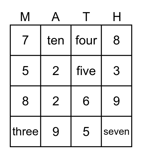 Numbers Bingo Card