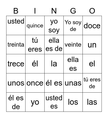 ser, los artículos, y los pronombres de sujeto Bingo Card
