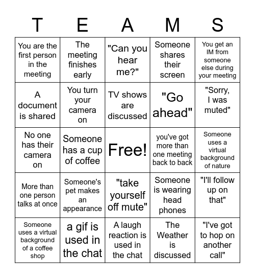 Teams Meeting Bingo Card
