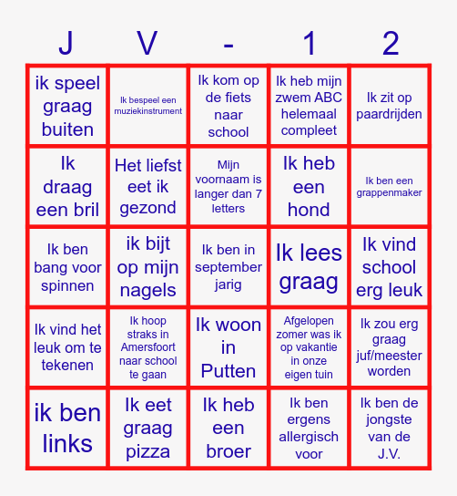 J.V. -12 Bingo Card