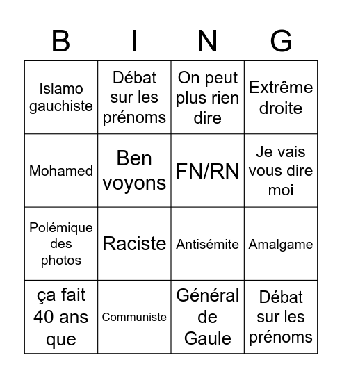 Zemmour vs Mélenchon Bingo Card