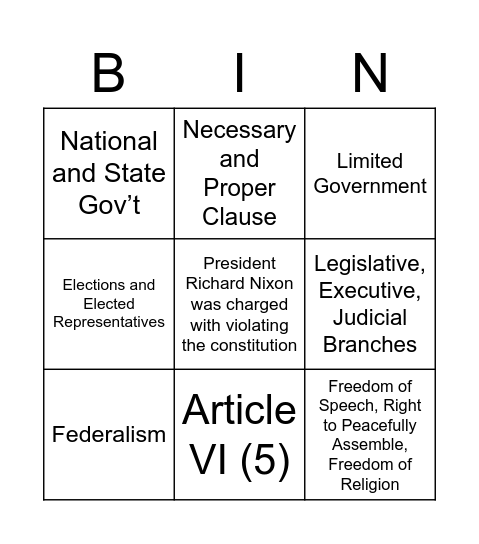 Principals of the Constitution Bingo Card