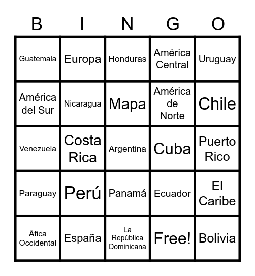 Spanish Speaking Countries Bingo Card