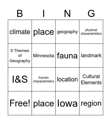 I&S - Geography Bing :) Bingo Card