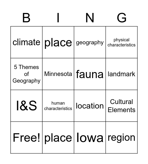 I&S - Geography Bing :) Bingo Card