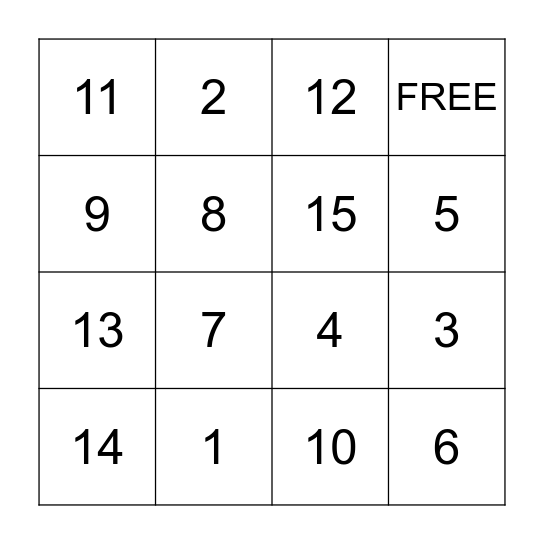 Number Bingo Card