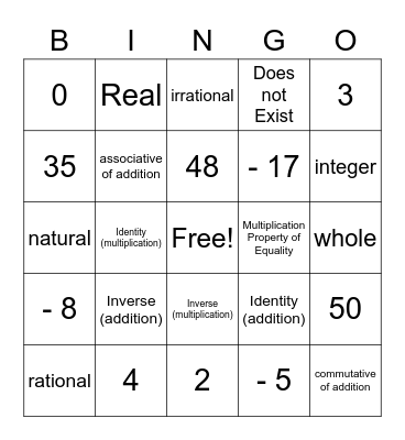 Math Bingo Card