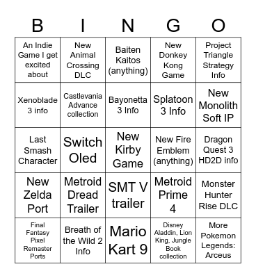 Nintendo Direct Sept 23rd Bingo Card