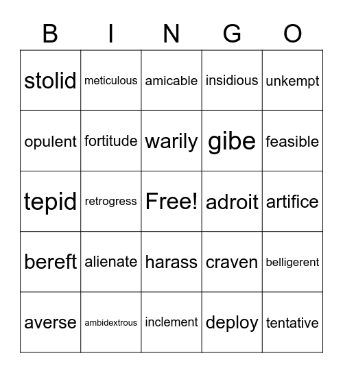 Vocabulary Bingo Card