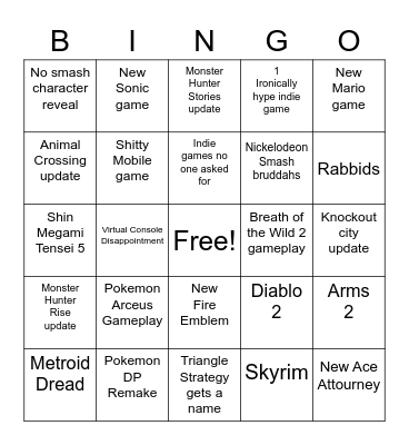 Nintendo Direct Bingo Card