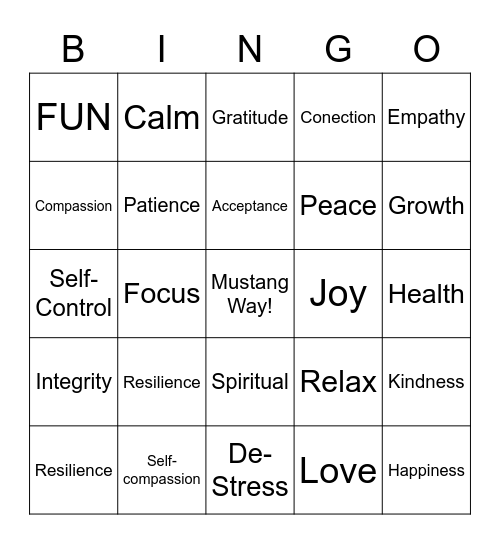 Mindfulness Bingo Card