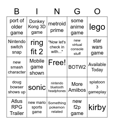 Nintendo Direct Bingo Card