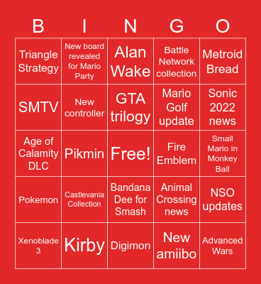 Nintendo Direct Bingo Card