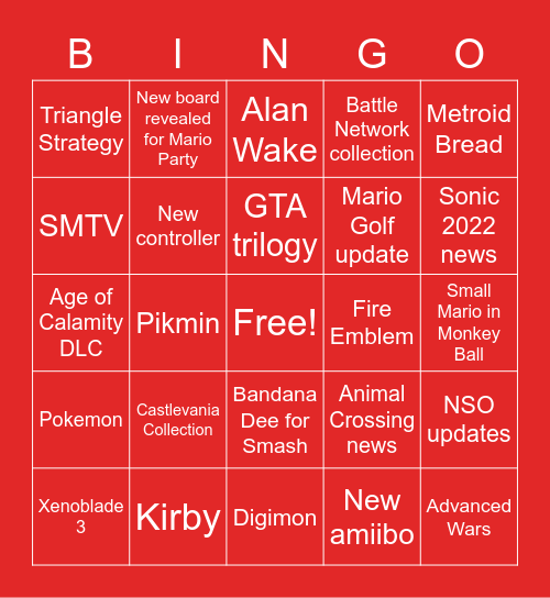 Nintendo Direct Bingo Card