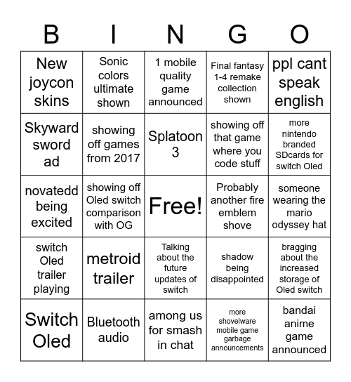 Nintendo "news" Bingo Card