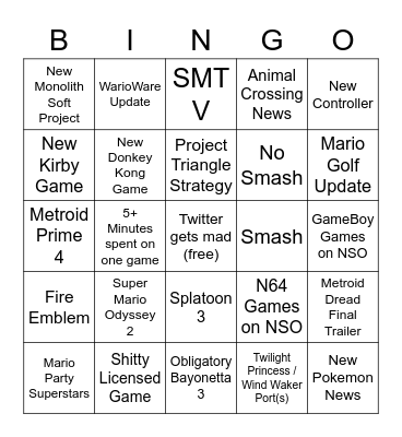 Nintendo Direct Bingo Card