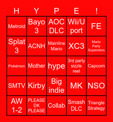 Nintendo Direct Bingo Card