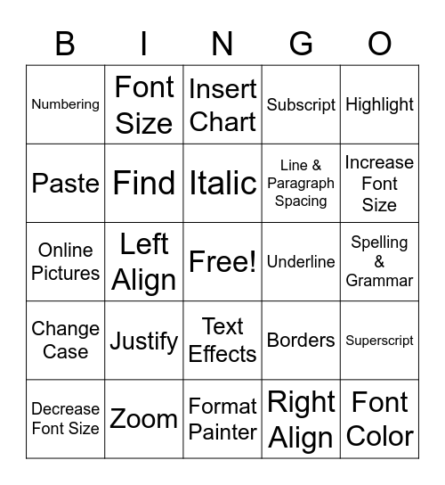 Word Commands Bingo Card