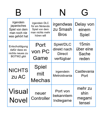 Nintendo Direct Bingo Card