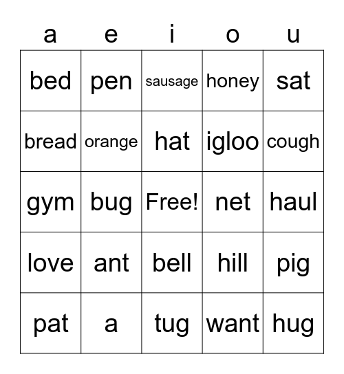 Short Vowel Bingo Card