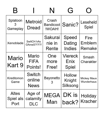 Nintendo Direct Bingo Card