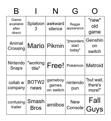 Nintendo Direct Bingo Card