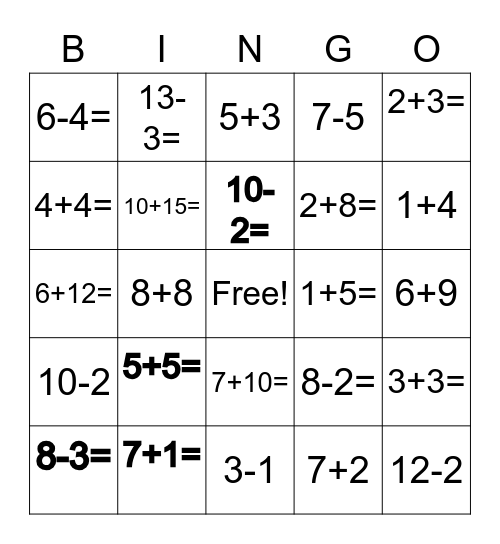 Addition and Subtraction - 20 Bingo Card