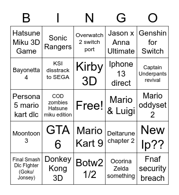 Nintendo Direct REAL Leaks Bingo Card