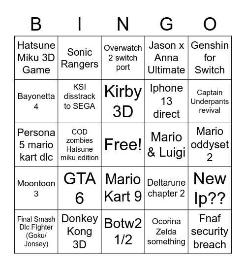 Nintendo Direct REAL Leaks Bingo Card