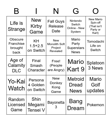 Nintendo Direct - September 2021 Bingo Card
