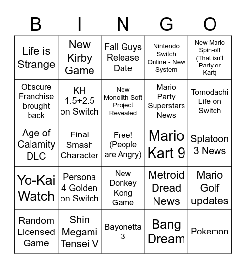 Nintendo Direct - September 2021 Bingo Card