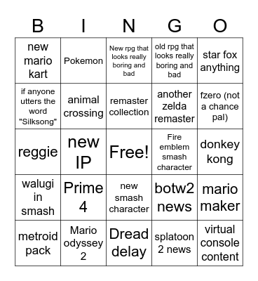 Nintendo Direct Bingo Card