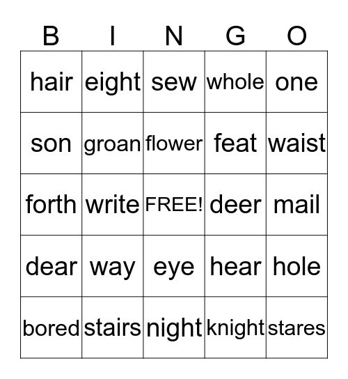 HOMOPHONES Bingo Card