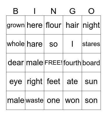 HOMOPHONES Bingo Card