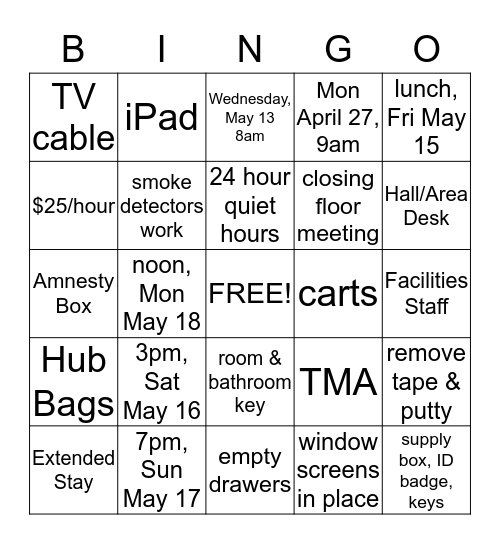 Hall Closing! Bingo Card