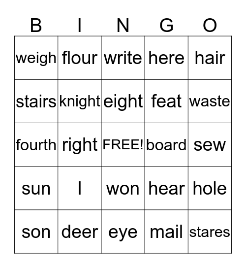 HOMOPHONES Bingo Card