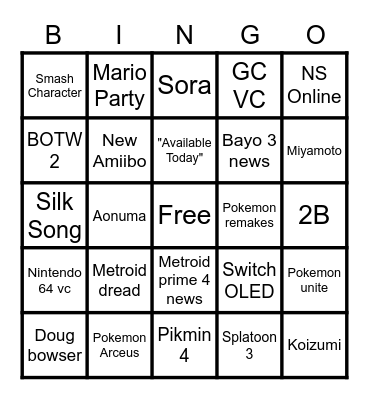 Nintendo Direct Bingo Card