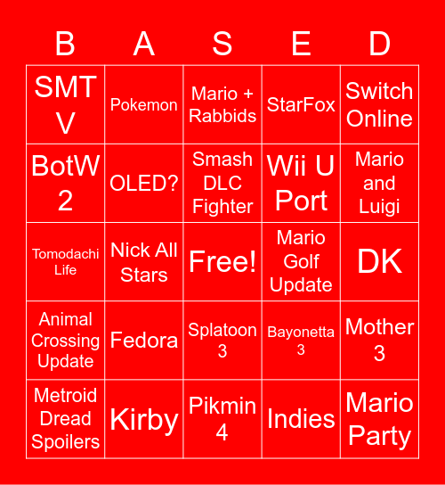 Nintendo Direct 9/23/21 Bingo Card