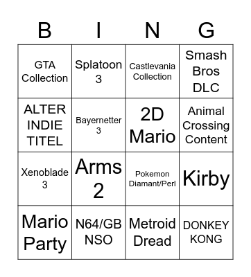 Nintendo Shitshow Bingo Card