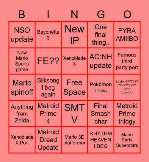 Nintendo Direct Bingo Bongo Bingo Card
