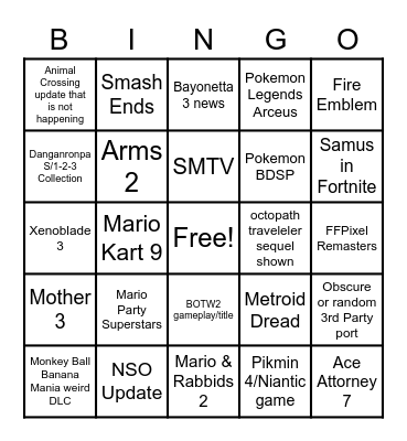 Sep. 2021 Nintendo Direct Bingo Card