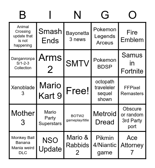 Sep. 2021 Nintendo Direct Bingo Card