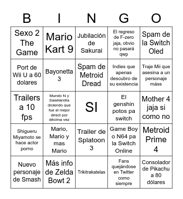 Nintendo Direct Bingo pndejo Bingo Card