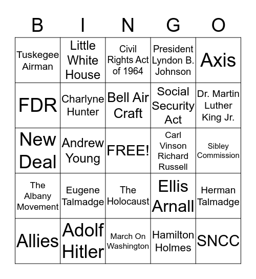 Post WWll Bingo Card