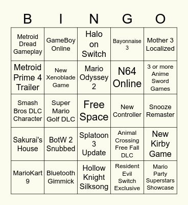 Nintendo Direct 09/23/21 Bingo Card