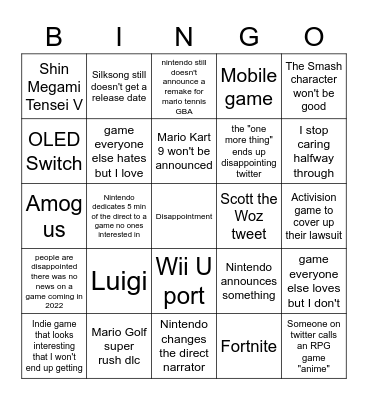 Nintendo Direct Bingo 9/23/21 Bingo Card